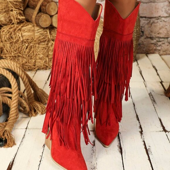 Shoes - Red Western Women's Sexy Knee-High Geometric Faux Suede Chunky Heel Boots